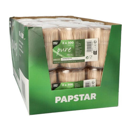 PAPSTAR Zahnstocher aus Holz "pure" rund, 6,7 cm im Spender | Schrumpffolie (1500 Stück)