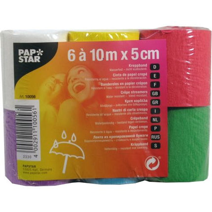 PAPSTAR Krepp-Bänder 10 m x 5 cm, farbig sortiert, wasserfest | Folie (6 Rollen)