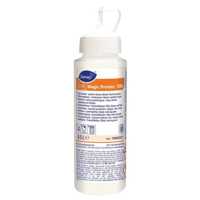 Clax Magic Protein, Fleckenentferner für Blut und Eiweißflecken, Nahrungsmittel und Gras | Dosierflasche (500 ml)