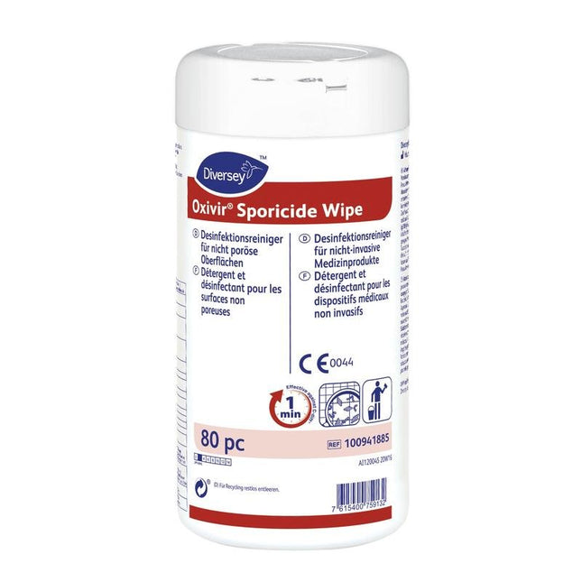 Oxivir Sporicide Wipe, vorgetränkte Einmal-Tücher | Dose (80 Tücher)