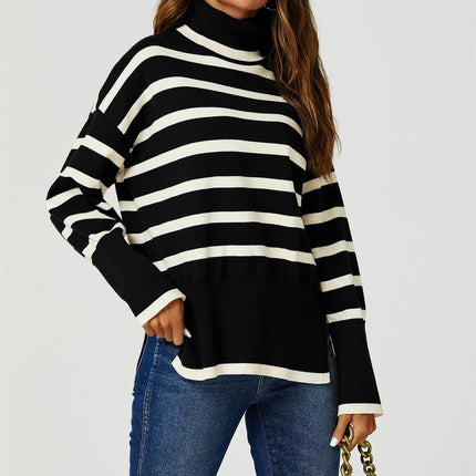 Stripes Pattern Turtleneck Jumper Top In Black