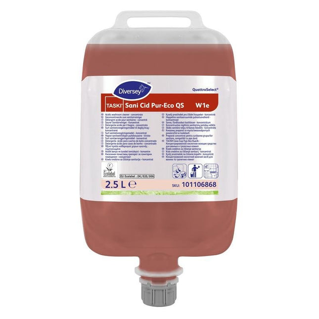 TASKI Sani Cid Pur-Eco QS, Sanitär-Unterhaltsreiniger, Basis natürliche Zitronensäure, Hochkonzentrat, EU Umweltzertifizierung | Beutel (2500 l)