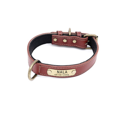Hundehalsband mit Namen auf Messingschild aus hochwertigem Leder, Innenpolsterung aus Neopren, 2 massive D-Ringe