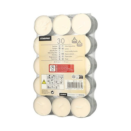 Starpak 30 Teelichte Ø 37 mm · 19 mm weiss · mit langer Brenndauer 6 h | Schrumpffolie (30 Stück)