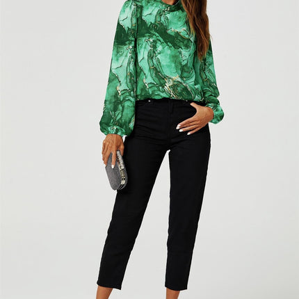 Marble Print Long Sleeve High Neck Top In Light Green