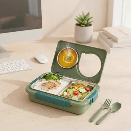 Lunchbox Edelstahl 800ml+150ml, 2 Fächer, Grün, Warmhaltefunktion