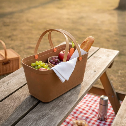 Einkaufskorb Kunststoff braun mit Henkel, Tragekorb für Haushalt und Picknick, Akkaya