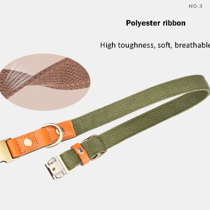 Hundehalsband "Valdo" mit Gravur – robustes PE-Gewebe & Leder – Messing matt – Marineblau, Hellblau oder Grün (S–L)