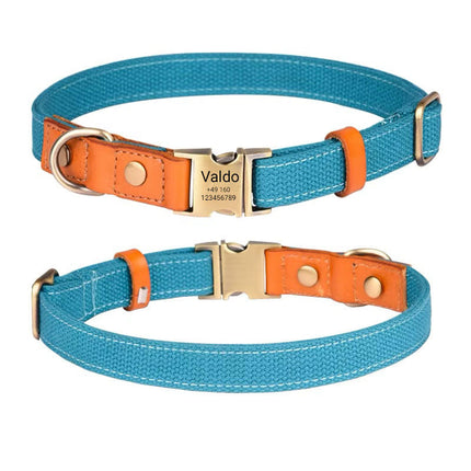 Hundehalsband "Valdo" mit Gravur – robustes PE-Gewebe & Leder – Messing matt – Marineblau, Hellblau oder Grün (S–L)