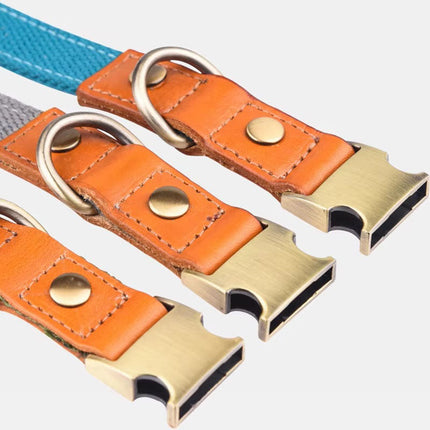 Hundehalsband "Valdo" mit Gravur – robustes PE-Gewebe & Leder – Messing matt – Marineblau, Hellblau oder Grün (S–L)