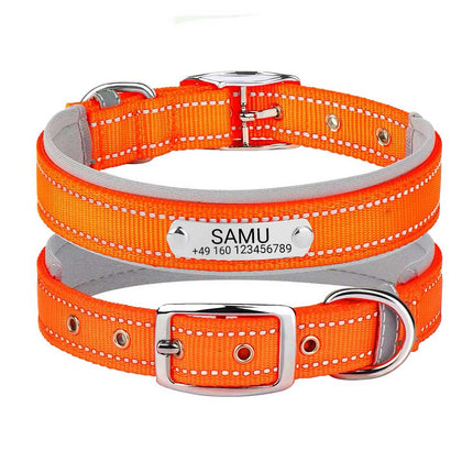 Graviertes Hundehalsband "Samu" mit Reflektor-Sicherheitsnähten. Personalisierung mit Name und Telefon