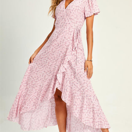Summer Floral Print Hem Wrap Midi Dress In Pink