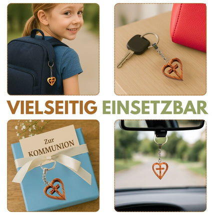 Schlüsselanhänger Kreuz im Herz aus Olivenholz | Liebevoller Glücksbringer als Geschenk zur Taufe, Kommunion & Geburtstag