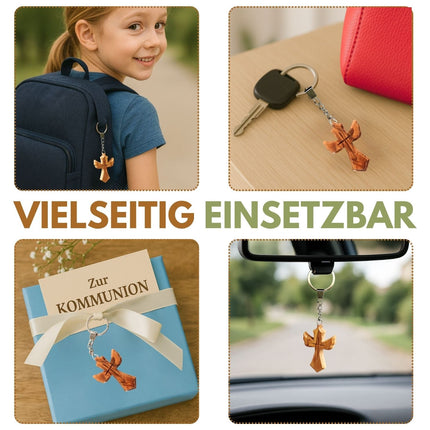 Schlüsselanhänger Kreuz in Engel-Form aus Olivenholz | Schutzengel Glücksbringer als Geschenk zur Taufe, Kommunion & Geburtstag