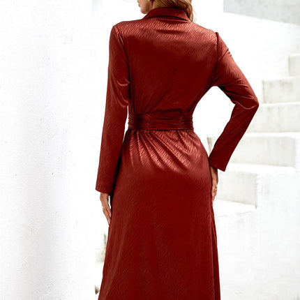 Animal Print Shirt Midi Satin Wrap Dress In Copper Red