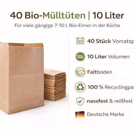 40 Biomülltüten aus Papier 10 Liter – Nassfeste & reißfeste Bio Müllbeutel aus 100% Recyclingpapier