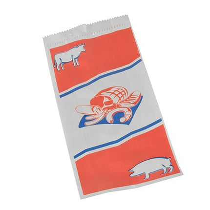 PAPSTAR Fleischerbeutel aus Kraftpapier, gefädelt, 28x14x6 cm, weiß mit Druck | Schrumpffolie (1000 Stück)
