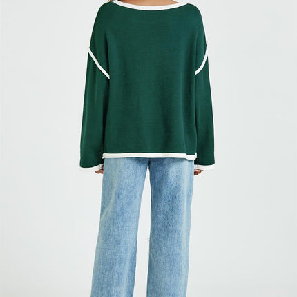 White Striped Oversized Jumper Top In Dark Green