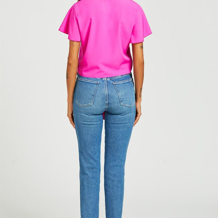 Cute Tie Knot Front Buttoned Crop T Shirt Top In Fuchsia Pink