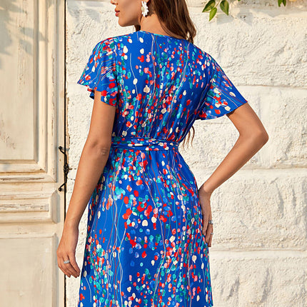 Abstract Floral Print Angel Sleeve Wrap Top Mini Dress In Blue