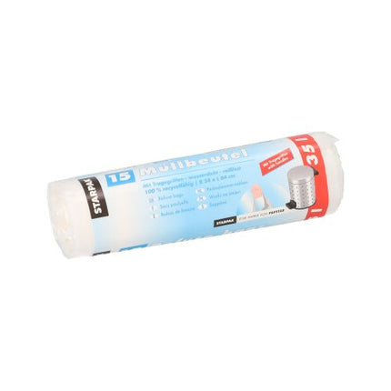 Starpak 15 Müllbeutel mit Tragegriffen, HDPE 35 l 64 cm x 54 cm transparent | Banderole (15 Stück)