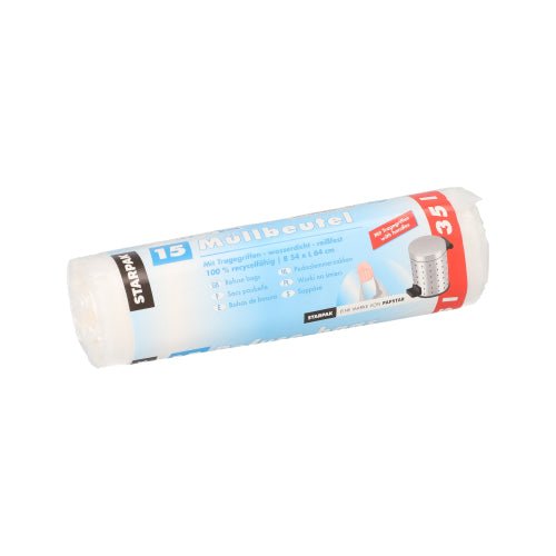 Starpak 15 Müllbeutel mit Tragegriffen, HDPE 35 l 64 cm x 54 cm transparent | Banderole (15 Stück)