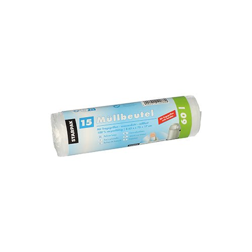 Starpak 15 Müllbeutel mit Tragegriffen, HDPE 60 l 75 cm x 65 cm transparent | Banderole (15 Stück)