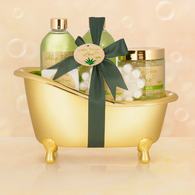 Wellness Geschenkset, 6-teilig, Dusch-Beauty-Set in dekorativer goldener Badewanne