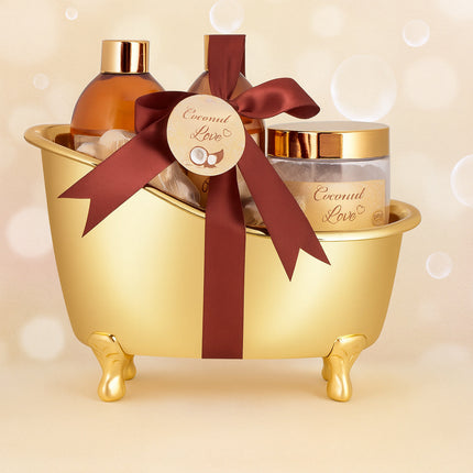 Wellness Geschenkset, 6-teilig, Dusch-Beauty-Set in dekorativer goldener Badewanne
