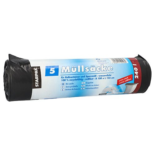 Starpak 5 Müllsäcke, LDPE 240 l 125 cm x 100 cm schwarz | Banderole (5 Stück)