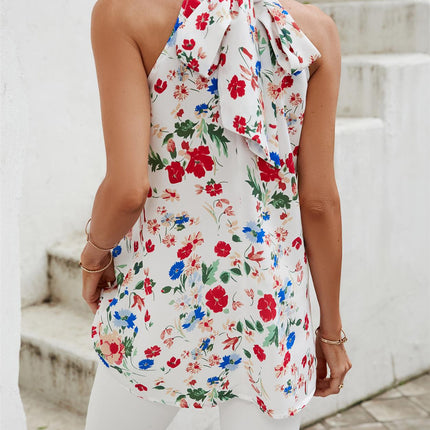 Multicolour Floral Print  Halter Neck Tie Back Top In White