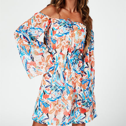 Flute Sleeve Bardot Dress With Tie Detail In Orange