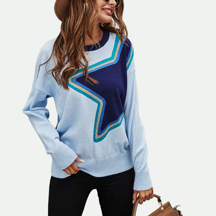 Big Star Pattern Knitted Long Sleeve Jumper In Blue