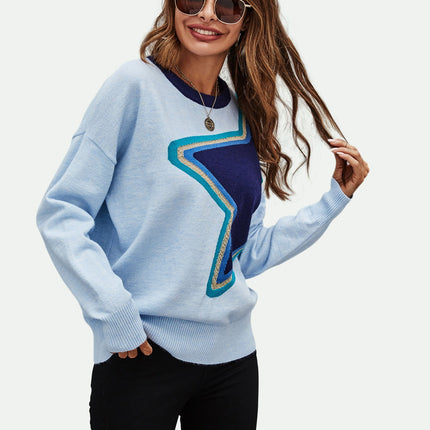 Big Star Pattern Knitted Long Sleeve Jumper In Blue