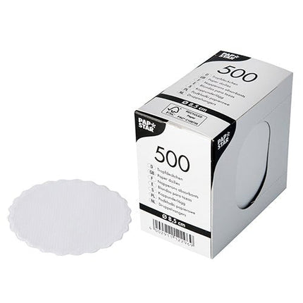 PAPSTAR Tropfdeckchen rund, Ø 8,5 cm, weiß, ideal für Getränke | Faltschachtel (500 Stück)