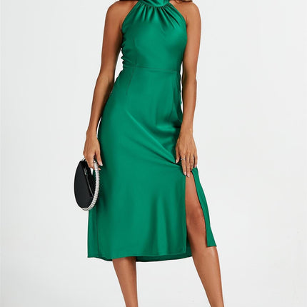Satin Halter Neck Tie Back Midi Dress In Green