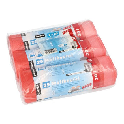 Starpak 75 Müllbeutel mit Zugband, HDPE 30 l 70 cm x 55 cm rot  | Schrumpffolie (75 Beutel)