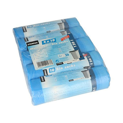 Starpak 50 Müllsäcke mit Zugband, HDPE 120 l 100 cm x 70 cm blau | Schrumpffolie (50 Stück)