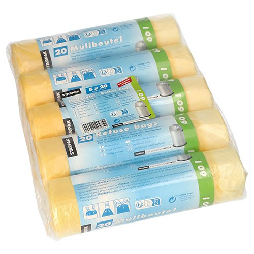 Starpak 100 Müllsäcke mit Zugband, HDPE 60 l 71 cm x 64 cm gelb | Schrumpffolie (100 Stück)