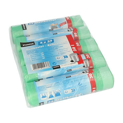 Starpak 125 Müllbeutel mit Zugband, HDPE 30 l 62 cm x 55 cm grün | Schrumpffolie (125 Stück)