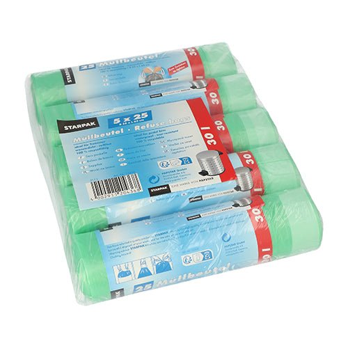 Starpak 125 Müllbeutel mit Zugband, HDPE 30 l 62 cm x 55 cm grün | Schrumpffolie (125 Stück)