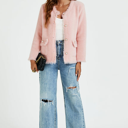 Cotton Blend Frayed Edge Boucle Jacket in Pink