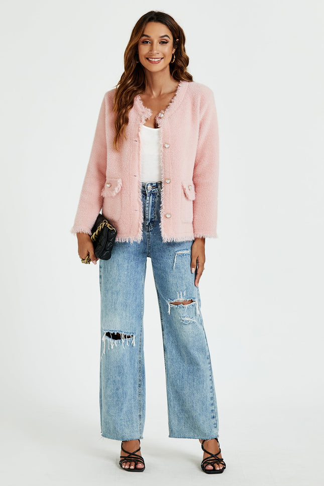 Cotton Blend Frayed Edge Boucle Jacket in Pink
