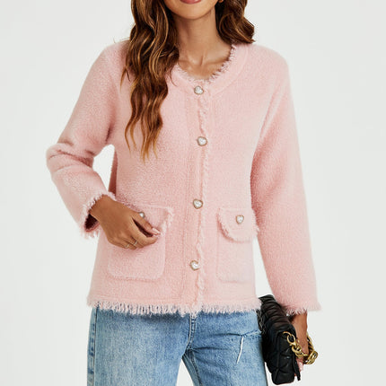 Cotton Blend Frayed Edge Boucle Jacket in Pink