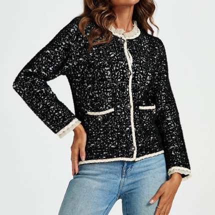 Leopard Pattern Lace Trim Boucle Jacket in Black