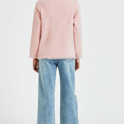 Cotton Blend Frayed Edge Boucle Jacket in Pink
