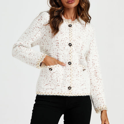 Leopard Pattern Lace Trim Boucle Jacket in Cream