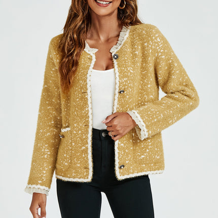 Leopard Pattern Lace Trim Boucle Jacket in Yellow