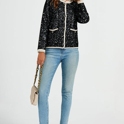 Leopard Pattern Lace Trim Boucle Jacket in Black
