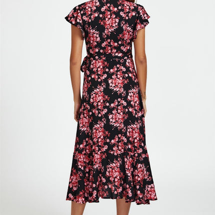Pink Floral Frill Sleeve Midi Wrap Dress In Black